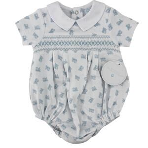 Edgehill Collection Train Print Short Sleeve Smocked Bubble Romper Sz 3 M